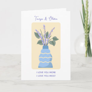 Stylish blue vase with lavender floral arrangement card