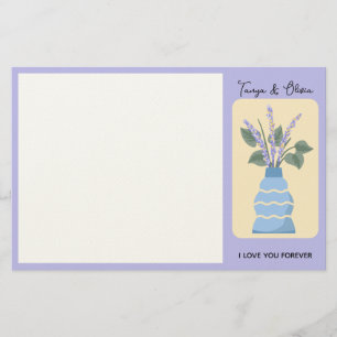 Stylish blue vase with lavender floral arrangement stationery