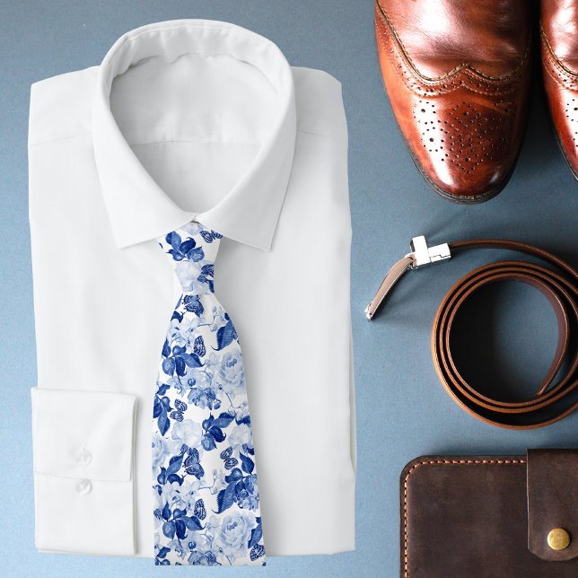 Stylish Blue White Botanical Floral Pattern Tie (Creator Uploaded)