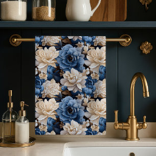 Stylish Blue White Floral Ivory Kitchen Towel Deco
