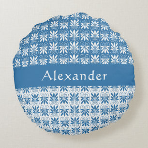 Stylish Blue & White Greek Floral Custom Round Cushion