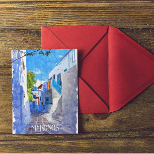 Stylish Blue White Mykonos Greece Watercolor Postcard