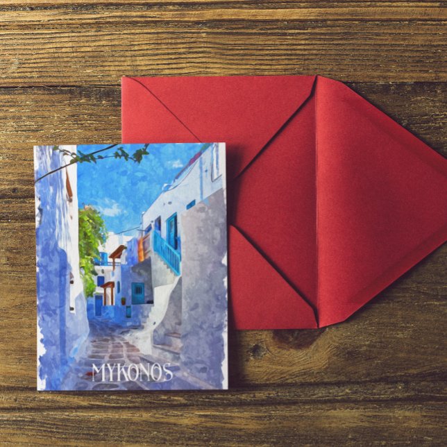 Stylish Blue White Mykonos Greece Watercolor Postcard (mykonos greek island blue white postcard)