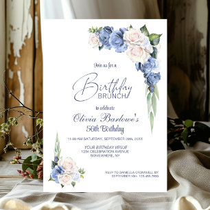 Stylish Blue White Rose Floral Birthday Brunch Invitation
