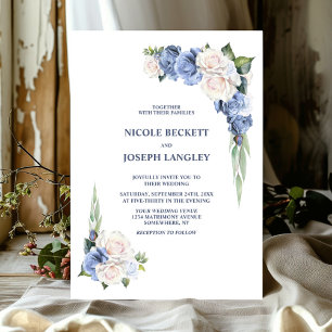Stylish Blue White Rose Floral Wedding Invitation