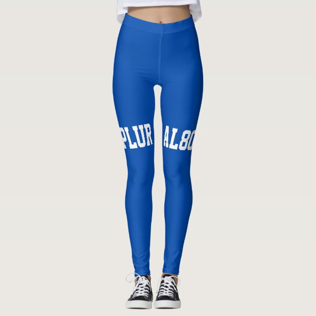 Stylish blue white text workout leggings (Front)
