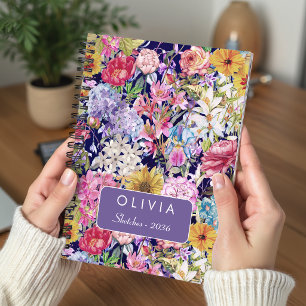 Stylish Blue Yellow Floral Pattern Monogram Notebook