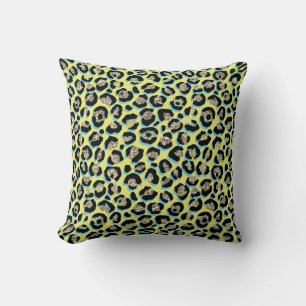 Stylish Blue Yellow Gold Glitter Leopard Print Cushion