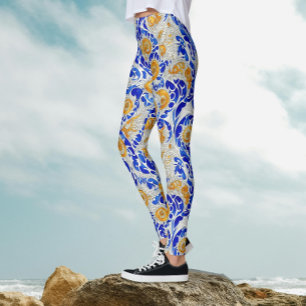 Stylish Blue Yellow Sunflower Arabesque Watercolor Leggings