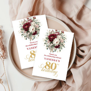 Stylish Blush Burgundy 80th Birthday Thank You  Card