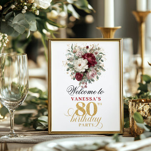 Stylish blush burgundy gold 80th birthday 8x10  poster
