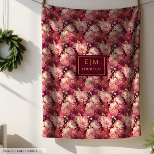 Stylish Blush Burgundy Gold Custom Boho Floral  Fleece Blanket