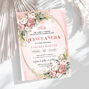 Stylish Blush Pink Floral Greenery Quinceañera Invitation