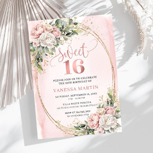 Stylish Blush Pink Floral Greenery Sweet Sixteen  Invitation