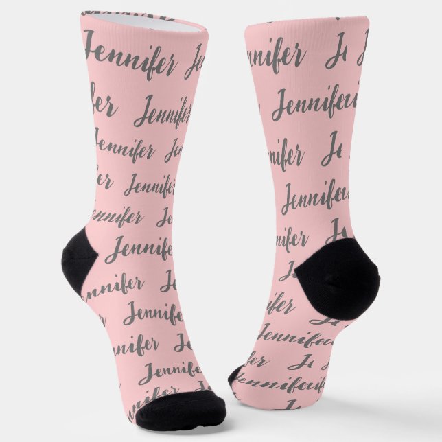 Stylish Blush Pink Grey Script Custom Womens Socks (Angled)