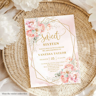 Stylish Blush Pink Sage Gold Floral Sweet 16  Invitation