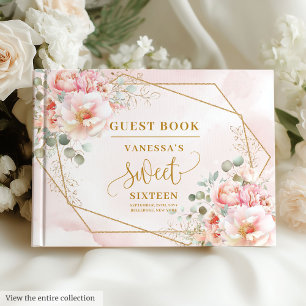 Stylish Blush Pink Sage Gold Floral Sweet Sixteen  Guest Book