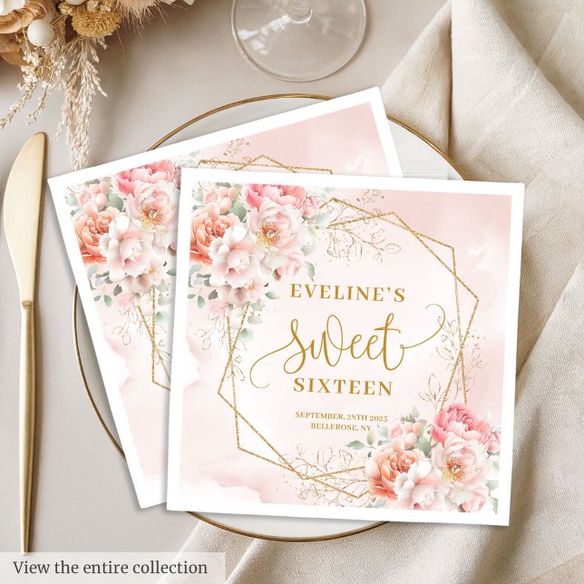 Stylish Blush Pink Sage Gold Floral Sweet Sixteen Napkin (Elegant blush gold floral sweet sixteen party napkins

)