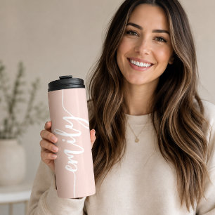 Stylish Blush Pink White Calligraphy Name Thermal Tumbler