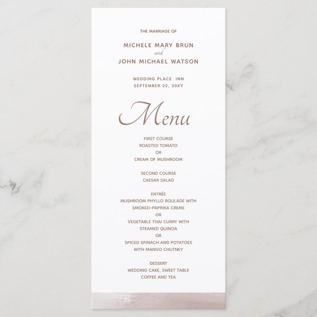 Stylish Blush Pink White Wedding Menu Cards (Front)
