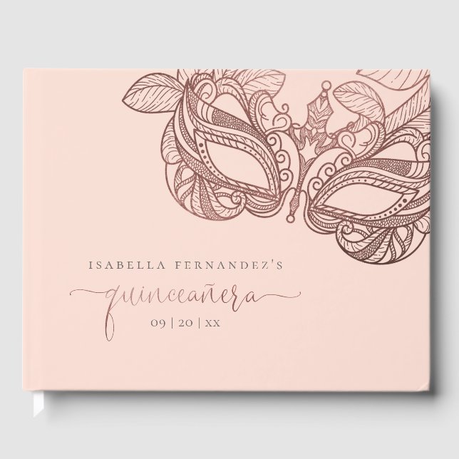Stylish Blush & Rose Gold Masquerade Quinceañera Guest Book (Front)