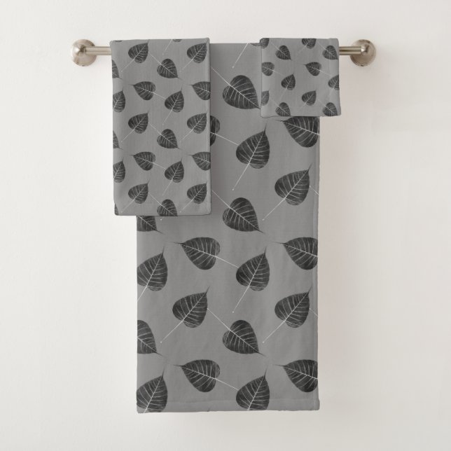Stylish Bodhi Leaves on Grey Bath Towel Set (Insitu)