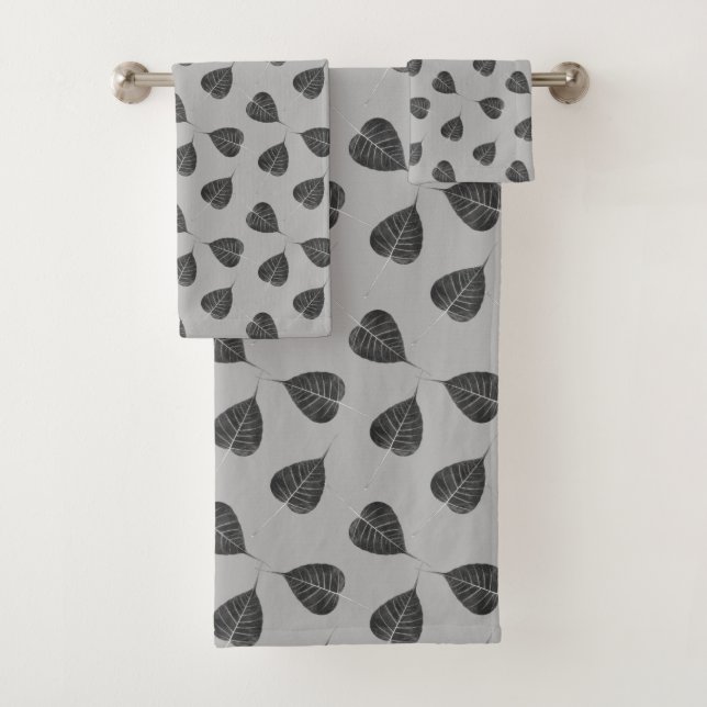 Stylish Bodhi Leaves on Light Silver Grey Bath Towel Set (Insitu)