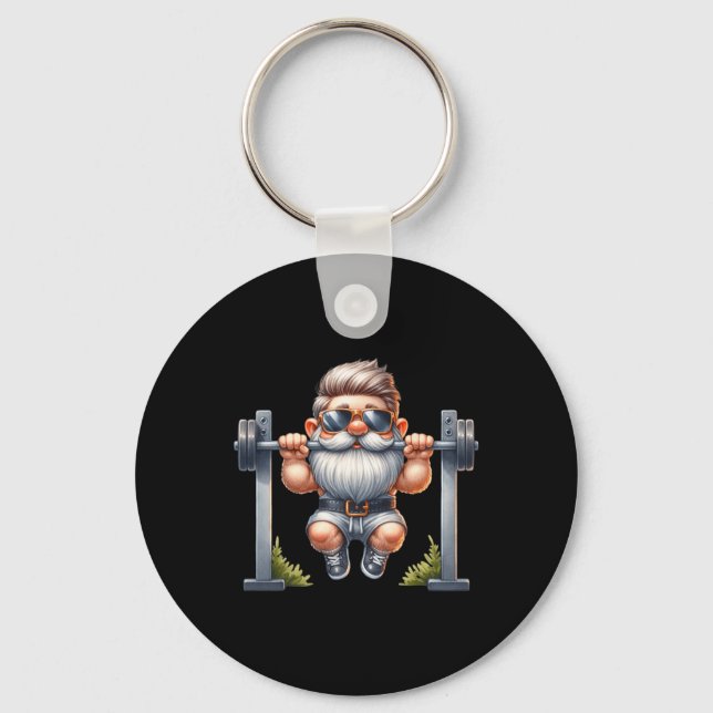 Stylish Body Building Gnome Does Pull-ups On A Dum Key Ring (Front)