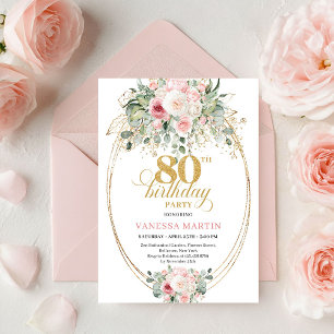 Stylish Bohemian Blush Floral Minimal 80 Birthday Invitation