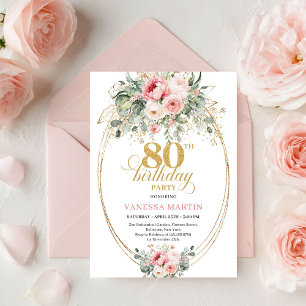 Stylish Bohemian Blush Roses 80th Birthday Invite