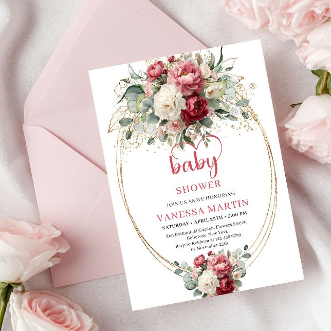 Stylish Bohemian Burgundy White Gold Floral Baby  Invitation (Stylish Bohemian Burgundy White Gold Floral Baby Invite)