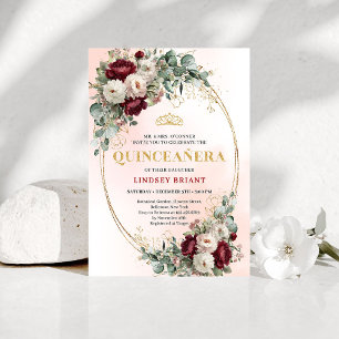 Stylish Bohemian Maroon Flowers Gold 15th Birthday Invitation