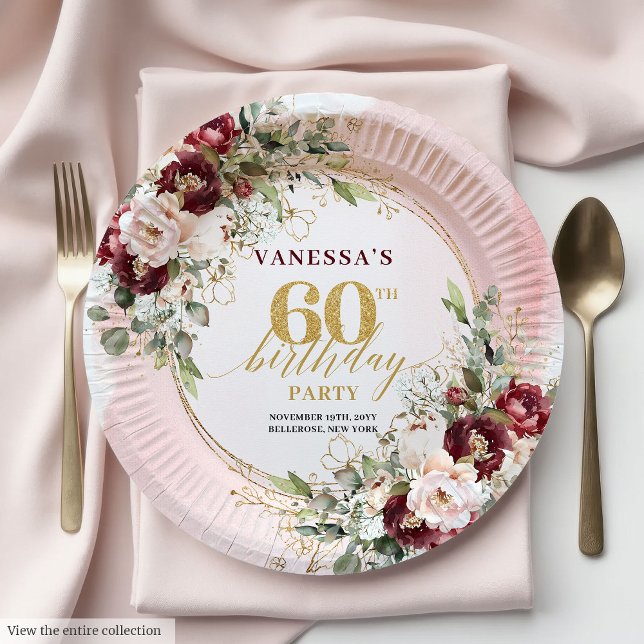 Stylish Boho Burgundy Gold Floral 60th Birthday  Paper Plate (Stylish Boho Burgundy Gold Floral 60th Birthday Plates)