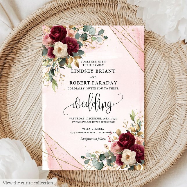 Stylish Boho Deep Red Blush Gold Flowers Elegant Invitation (Stylish Boho Deep Red Blush Gold Flowers Elegant Invitation)