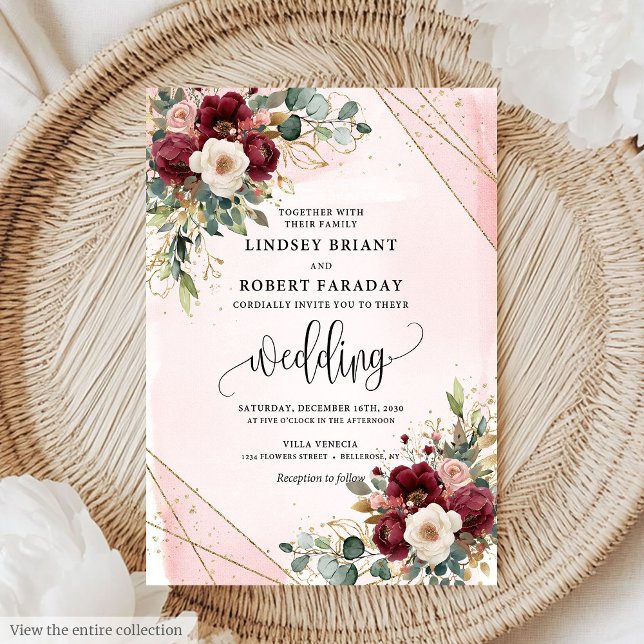 Stylish Boho Deep Red Gold Blush Flowers Wedding  Invitation (Stylish Boho Deep Red Gold Blush Flowers Wedding Invitation)