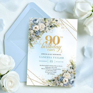Stylish Boho Dusty Blue Gold Accent 90th Birthday Invitation