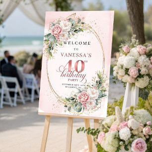Stylish Boho Dusty Pink Floral 40 Birthday Welcome Poster