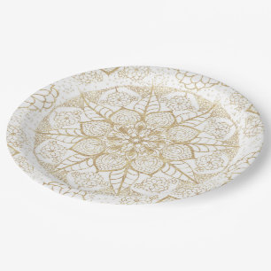 Stylish boho hand drawn golden mandala paper plate