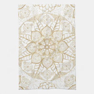 Stylish boho hand drawn golden mandala tea towel