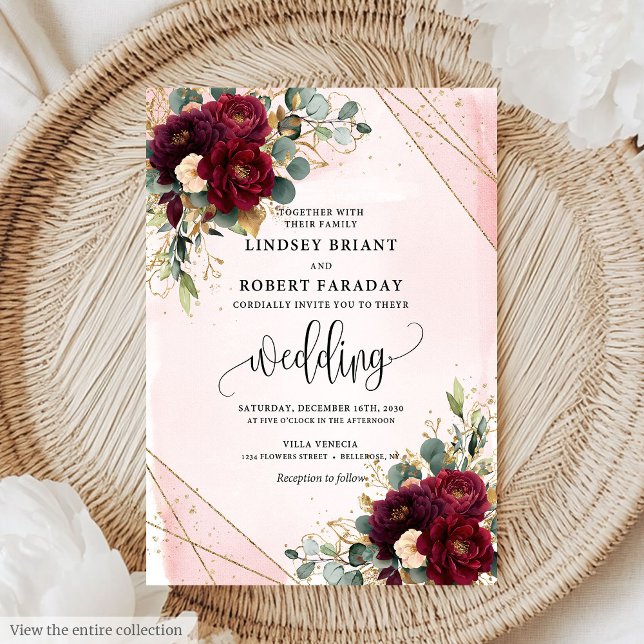 Stylish Boho Marsala Gold Blush Flowers Wedding  Invitation (Stylish Boho Marsala Gold Blush Flowers Wedding Invitation)