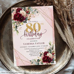 Stylish Boho Marsala Gold Flowers 80th Birthday  Invitation