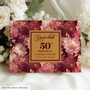 Stylish Boho Merlot Blush Gold Floral 50 Birthday Guest Book