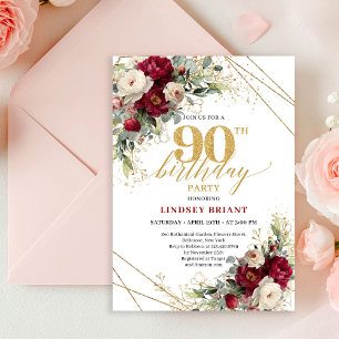 Stylish Boho Merlot White Gold Roses 90th Birthday Invitation