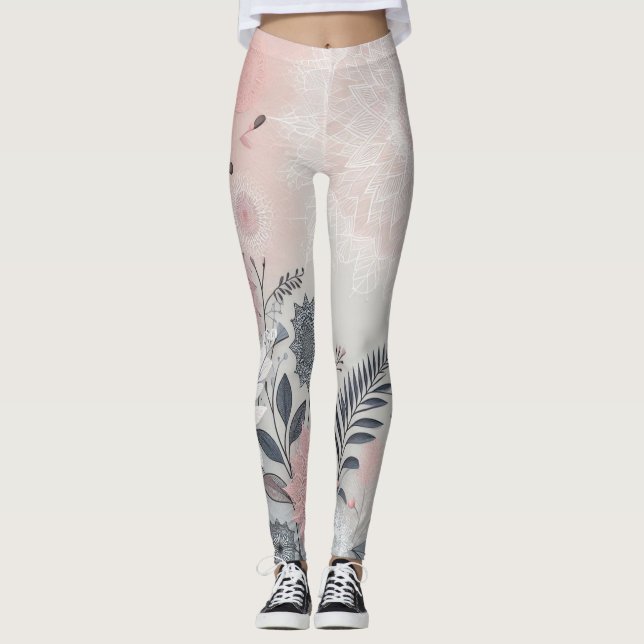Stylish Boho Pink, White and Black Leggings (Front)