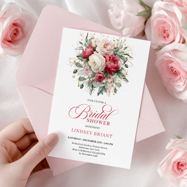 Stylish Boho Red White Gold Floral Bridal Shower   Invitation (Stylish Boho Red White Gold Floral Bridal Shower Card

)