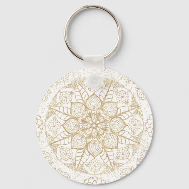 Stylish Boho White Gold Mandala Floral Key Ring (Front)