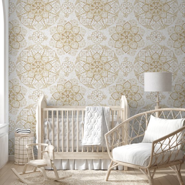 Stylish Boho White Gold Mandala Floral Wallpaper (Kids)