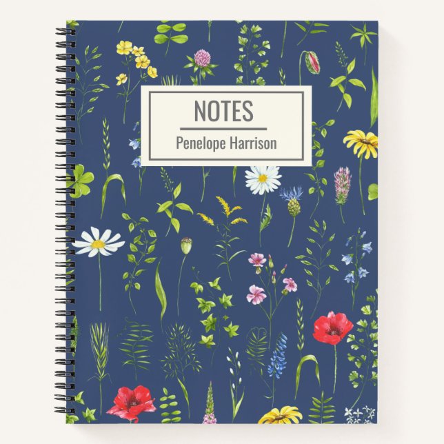 Stylish Boho Wildflowers Floral Blue Personalised Notebook (Front)