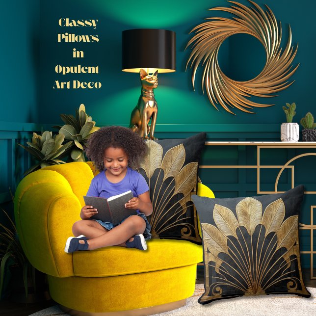 Stylish Bold Art Deco Gold Black 20 x 20 Cotton Cushion (Gold and feathery Art Deco fan shape on faux textured black background for an antiquity vibe)