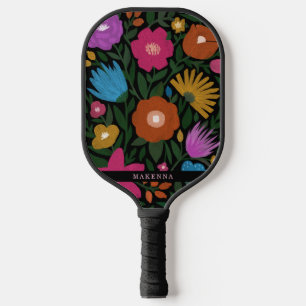Stylish Bold Colourful Florals Name Black Pickleball Paddle